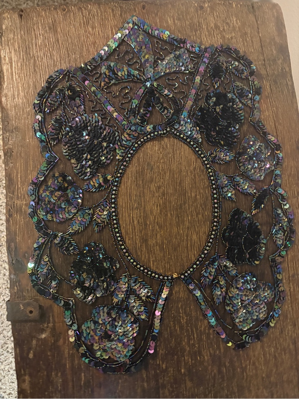 Beaded Sequin Floral Statement Collar Necklace - Iridescent Black